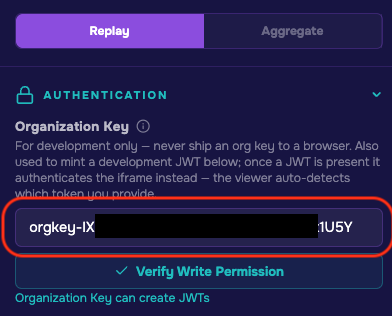 The Authentication panel of the Embed Configurator with the Organization Key field filled in and a Verify Write Permission button below it