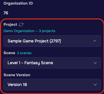 The Embed Configurator project selector showing Organization ID, Project, Scene, and Scene Version dropdown lists