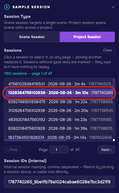 The Embed Configurator session picker showing the Scene Session and Project Session toggle, a paginated session list, and the internal session hash field below it