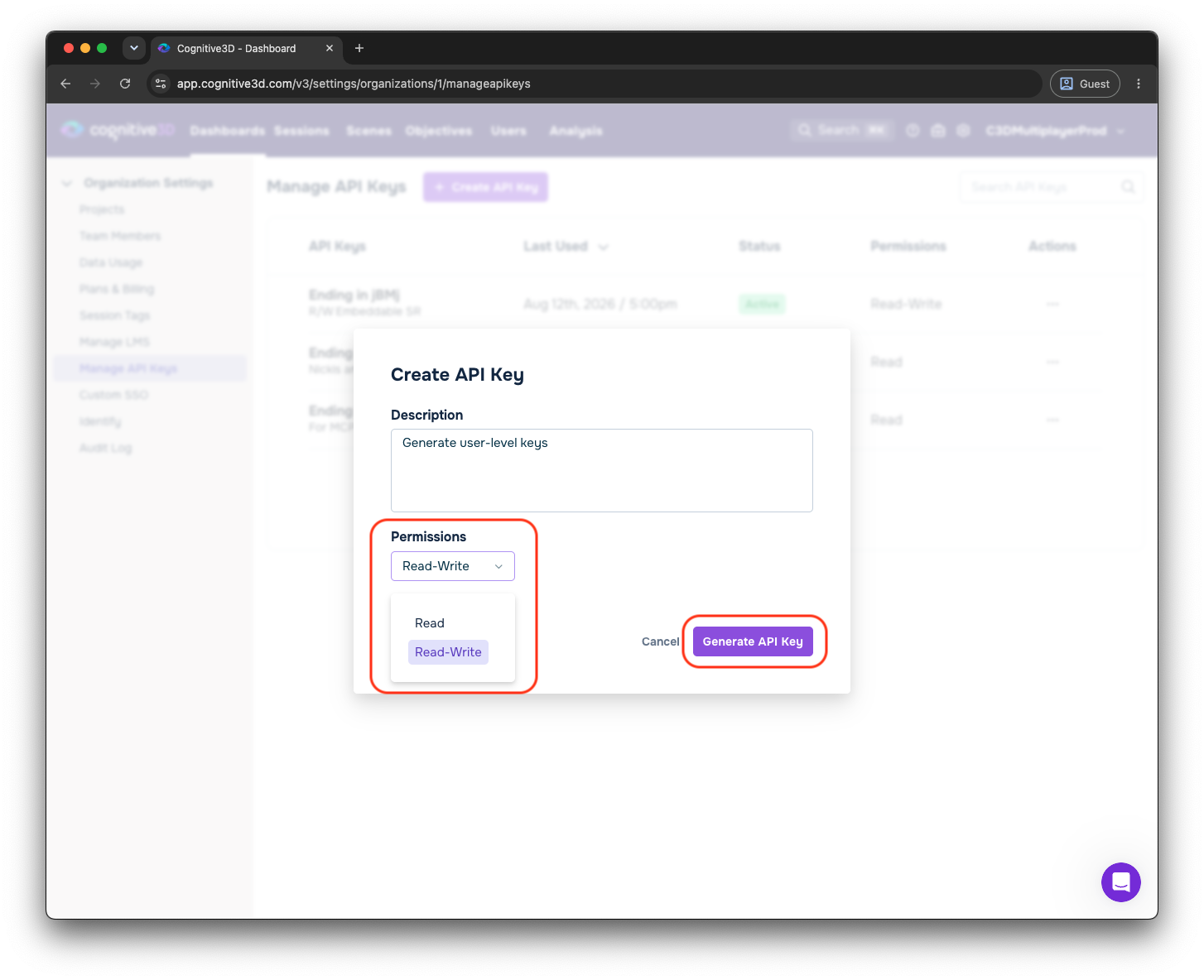 The Create API Key dialog with the Permissions dropdown set to Read-Write and the Generate API Key button highlighted