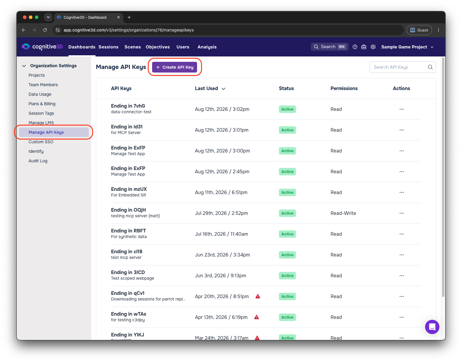 The Manage API Keys page with the Manage API Keys sidebar entry and the Create API Key button highlighted