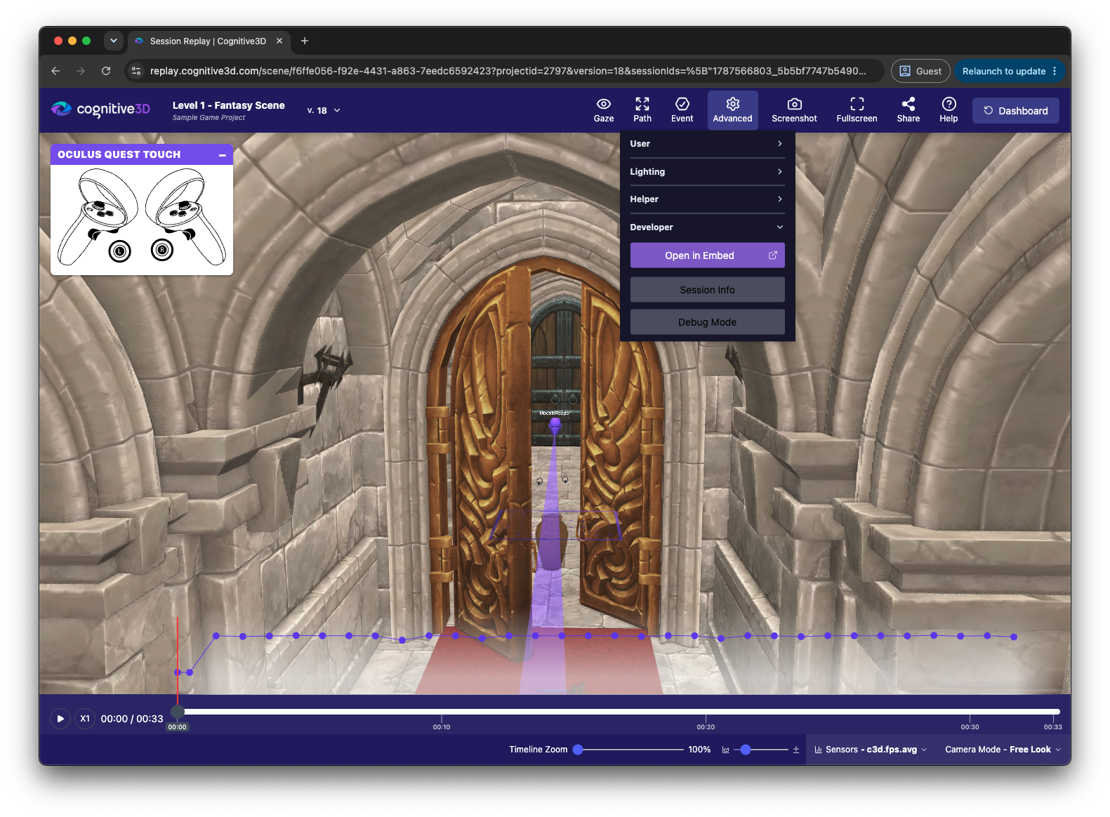 The Session Replay Advanced menu expanded, showing the Open in Embed button under the Developer section