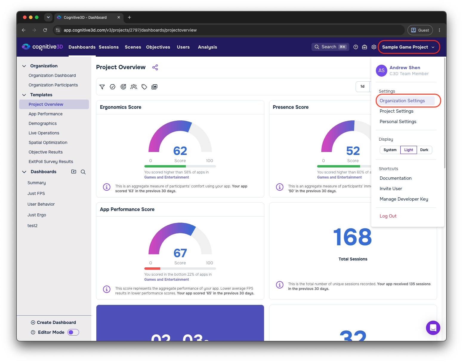 The Cognitive3D Dashboard account menu with Organization Settings highlighted