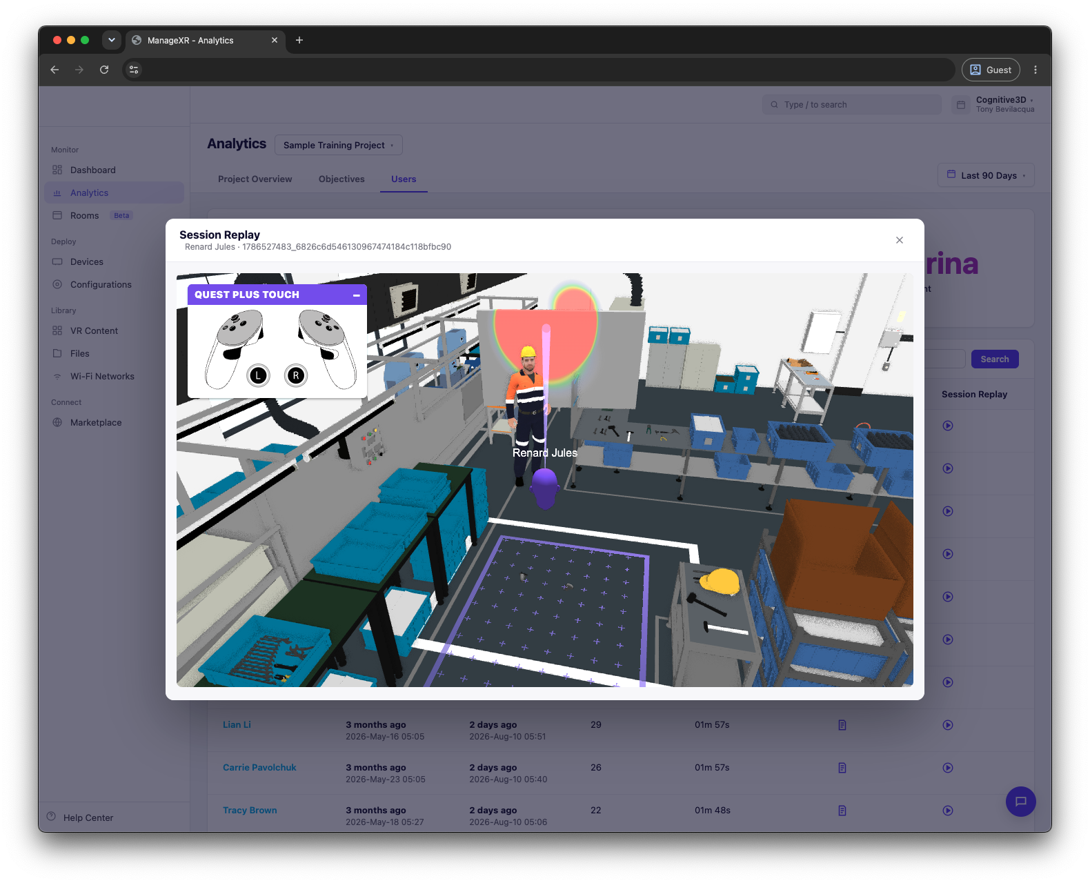 Embeddable Session Replay running in a partner dashboard, showing a warehouse training scene with a participant avatar, gaze cone, and controller overlay