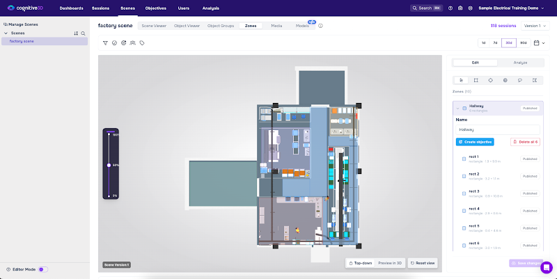 The Zones tab showing a Zone named Hallway drawn as several rectangles on the top-down view of a factory scene, with its shapes listed in the Edit panel