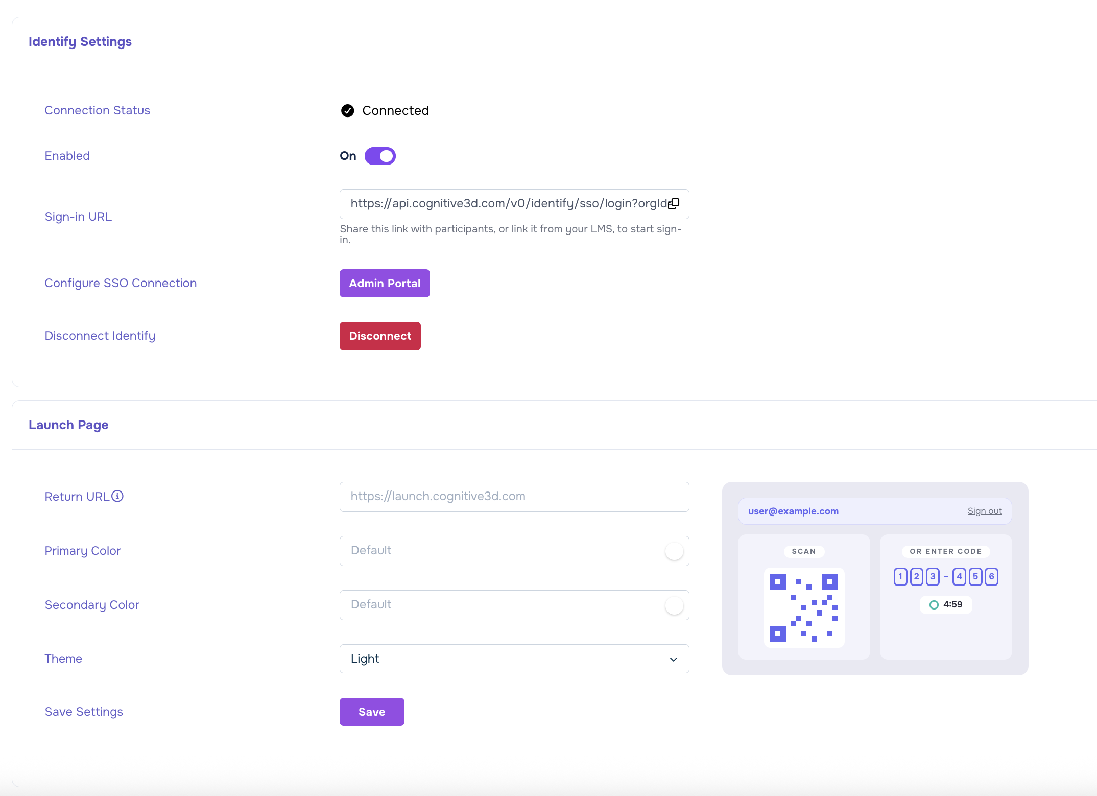 The Identify page in Organization Settings, showing the connection controls and the Launch Page section with Return URL, color, and theme fields beside a live preview of the launch page.