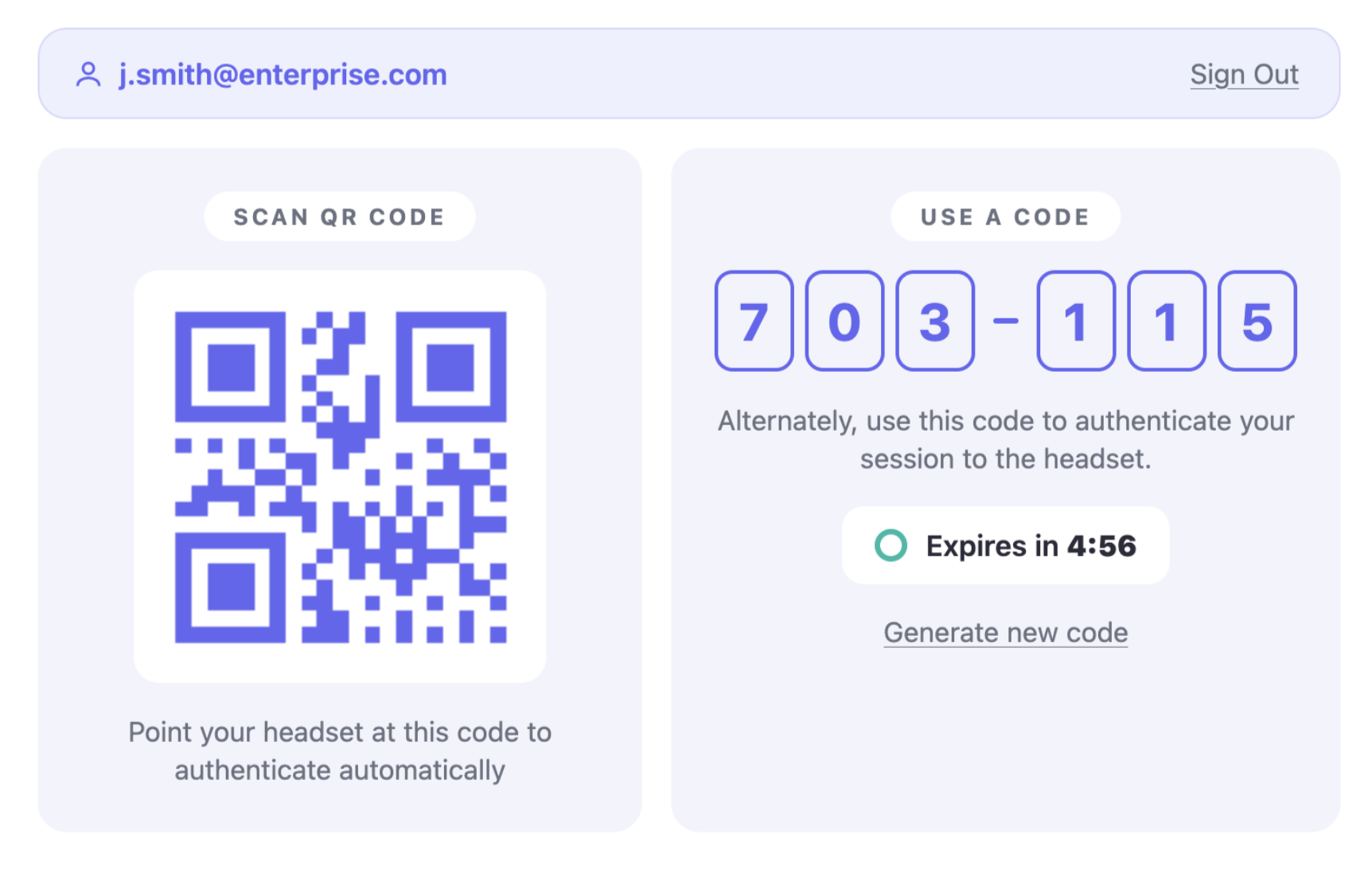 The Identify launch page showing the signed-in participant, a QR code to scan, and a six-digit code with an expiry countdown.