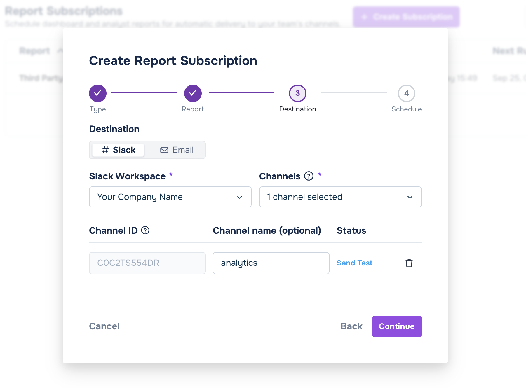 destination for a new report subscription
