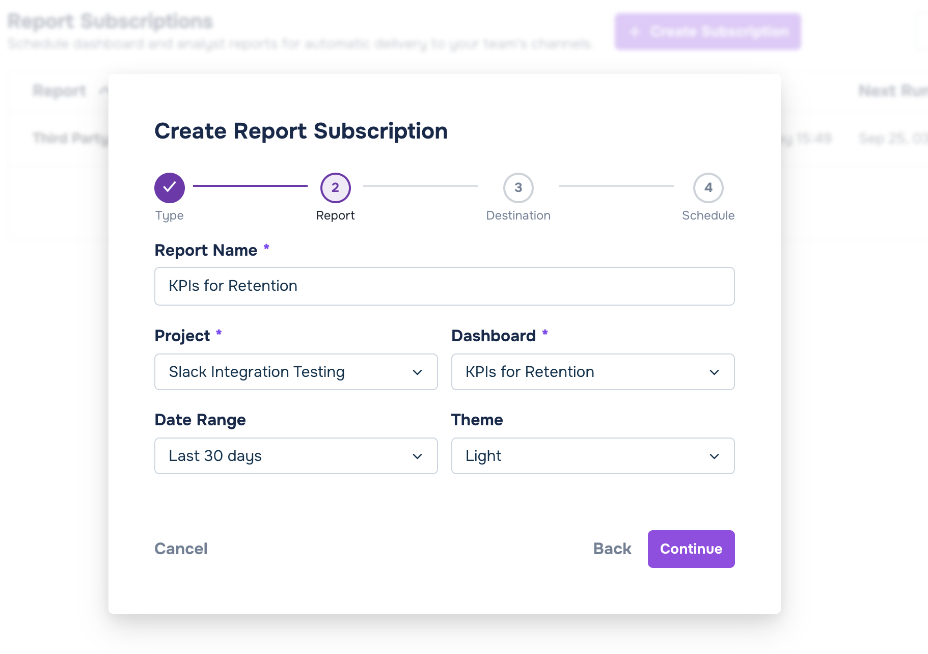 details for a new report subscription