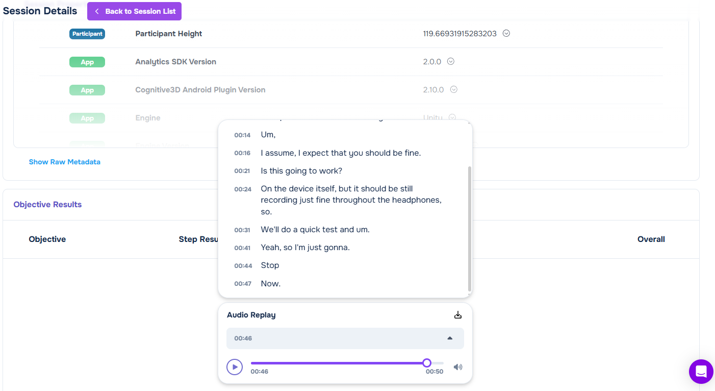Audio Replay widget with playback controls and a timestamped transcript