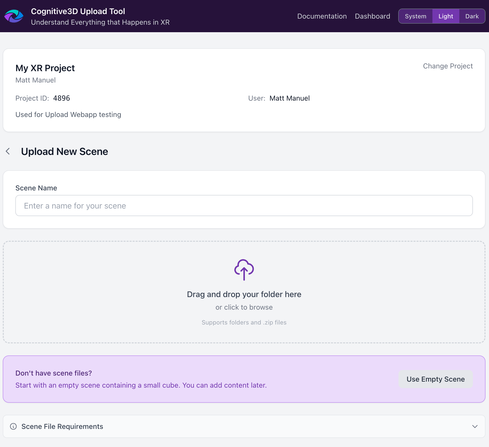 New Scene form showing the Empty Scene option with "Don't have scene files?" prompt and Use Empty Scene button