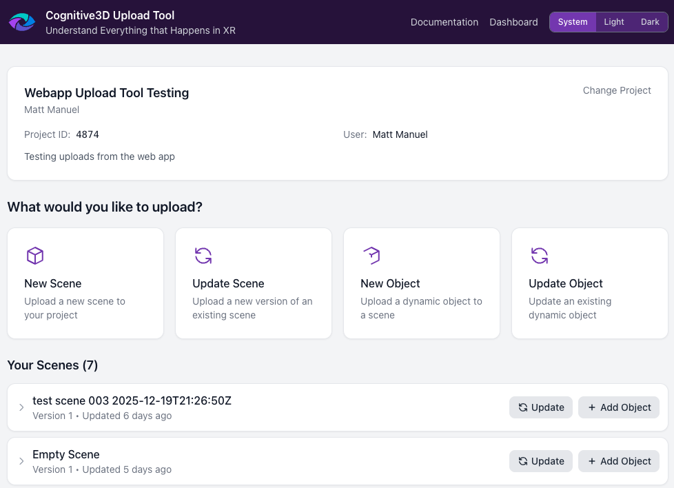 Upload Web App main menu showing the four upload options: New Scene, Update Scene, New Object, and Update Object