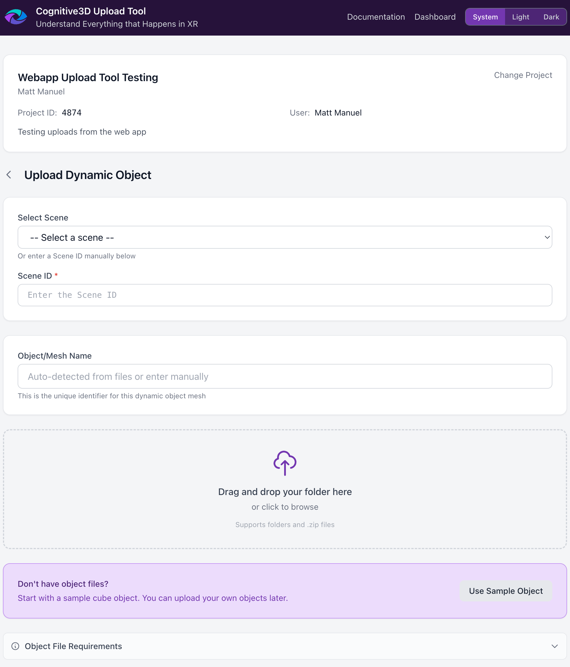 New Object upload form with scene selector, mesh name field, and drag-and-drop file upload area