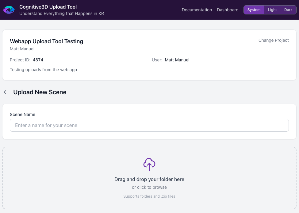 New Scene upload form with scene name field and drag-and-drop file upload area