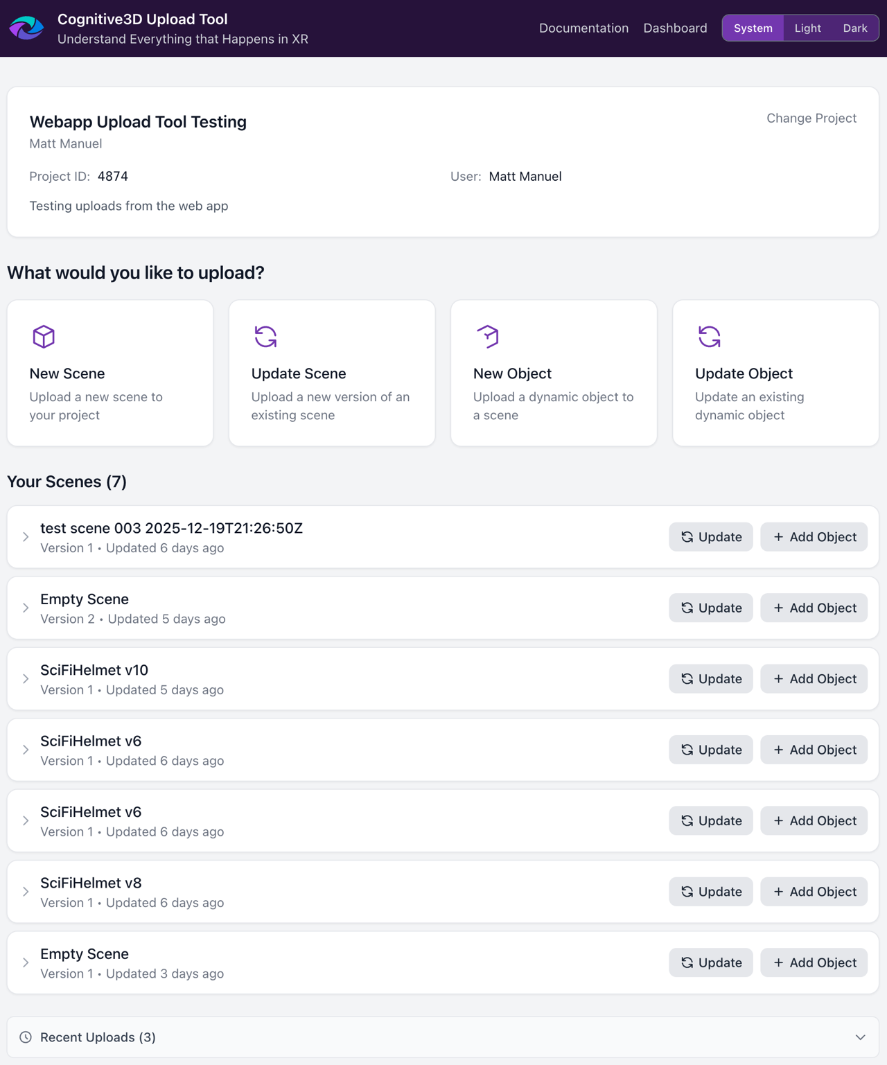 Your Scenes list showing uploaded scenes with Update and Add Object action buttons