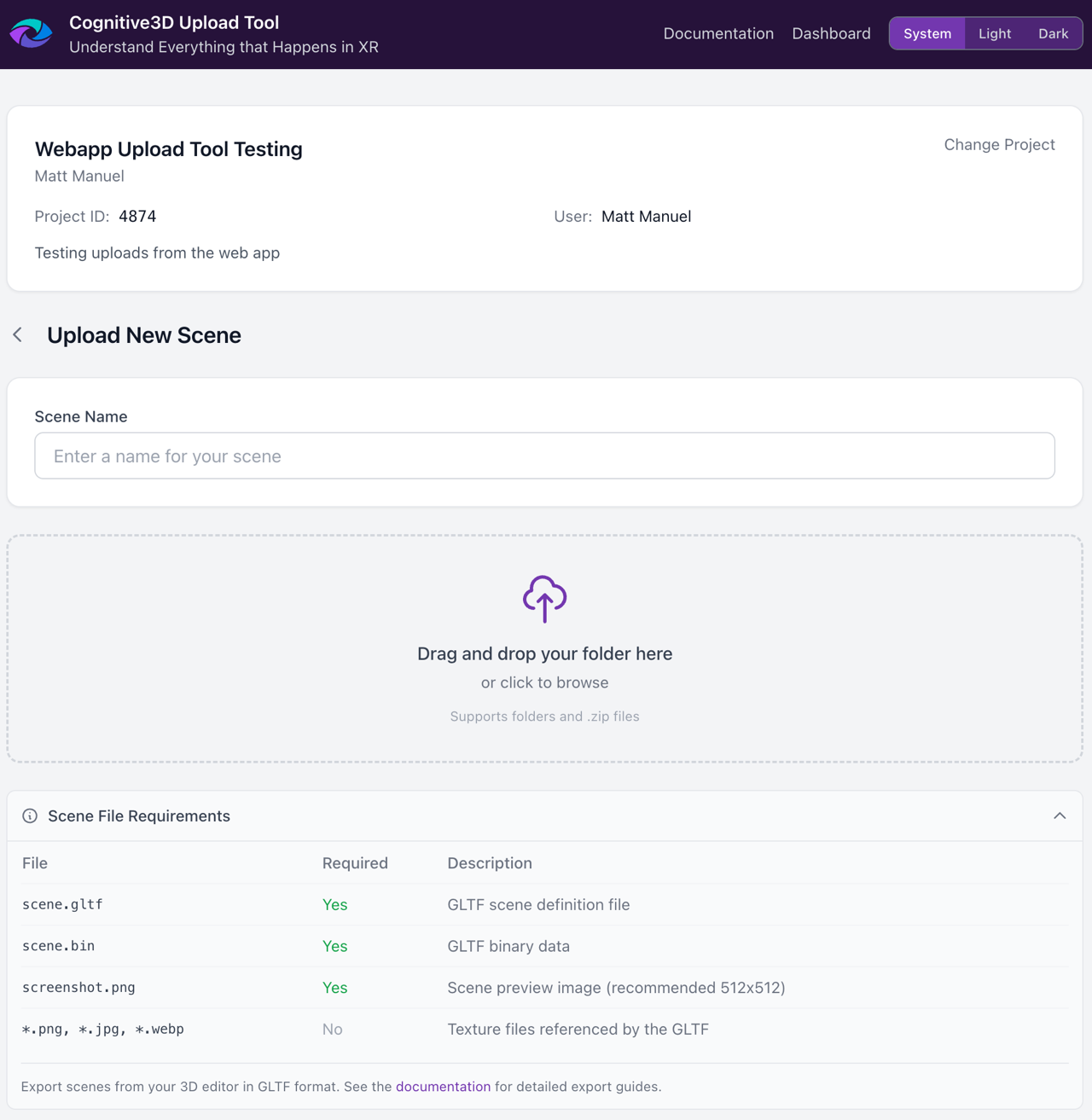 Scene file requirements table showing required files: scene.gltf, scene.bin, and screenshot.png