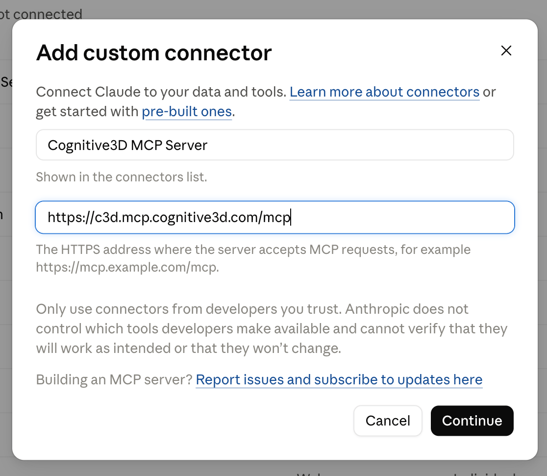 Claude desktop custom connector dialog