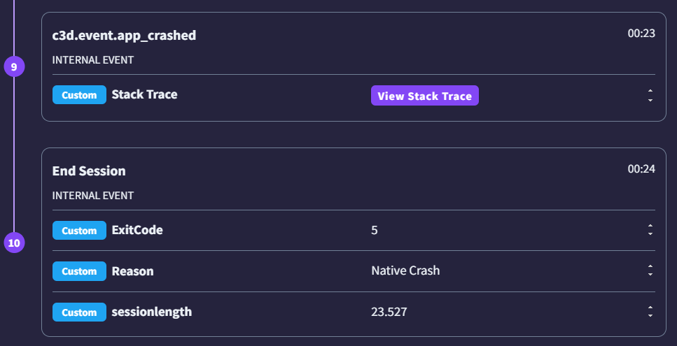 Detailed view of a crash stack trace