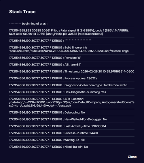 Detailed view of a crash stack trace