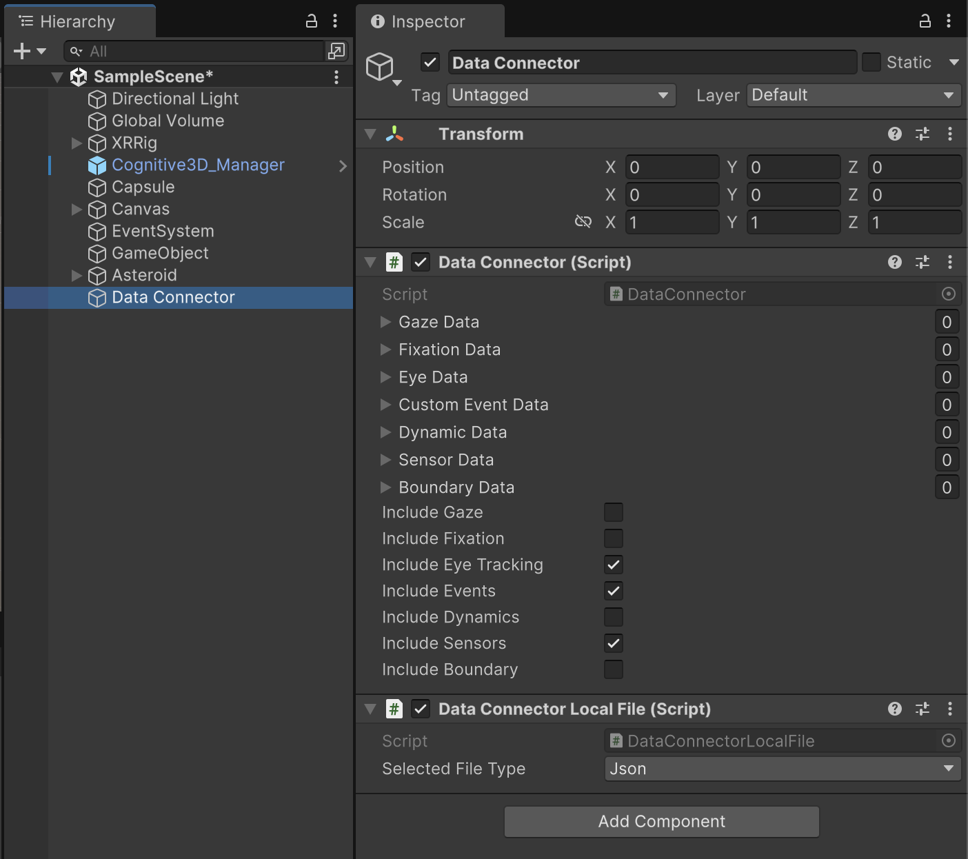 Inspector options for Data Connector data types and component to write data to a local file