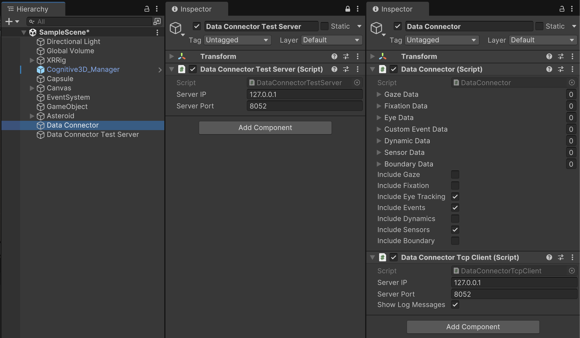 Configuration options for using Data Connector with a TCP client