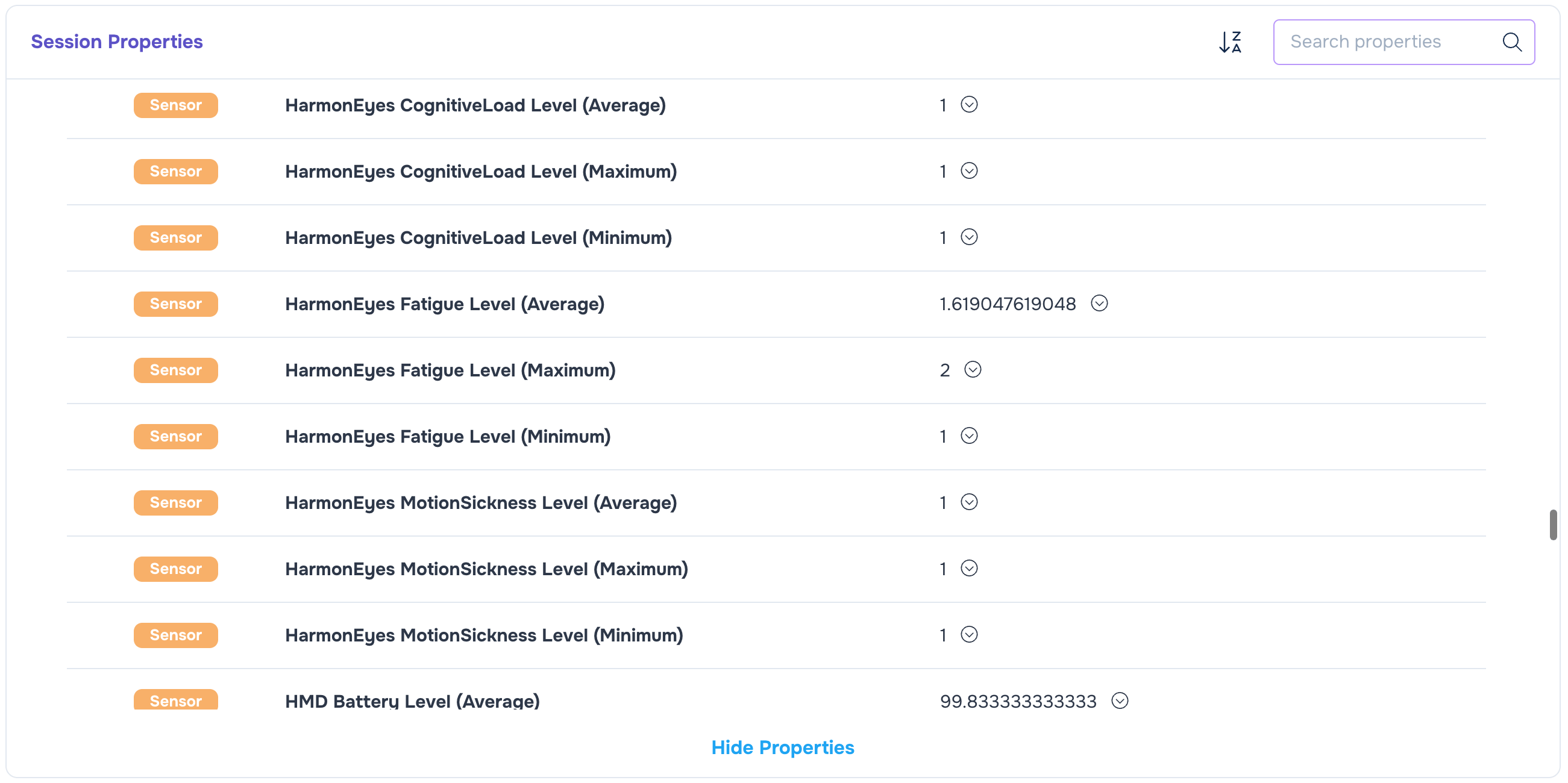 HarmonEyes sensors shown in the Session Properties