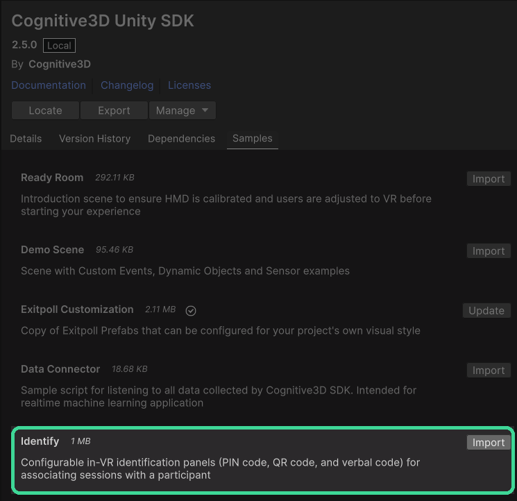 Importing the Identify sample from the Unity Package Manager Importing the Identify sample from the Unity Package Manager