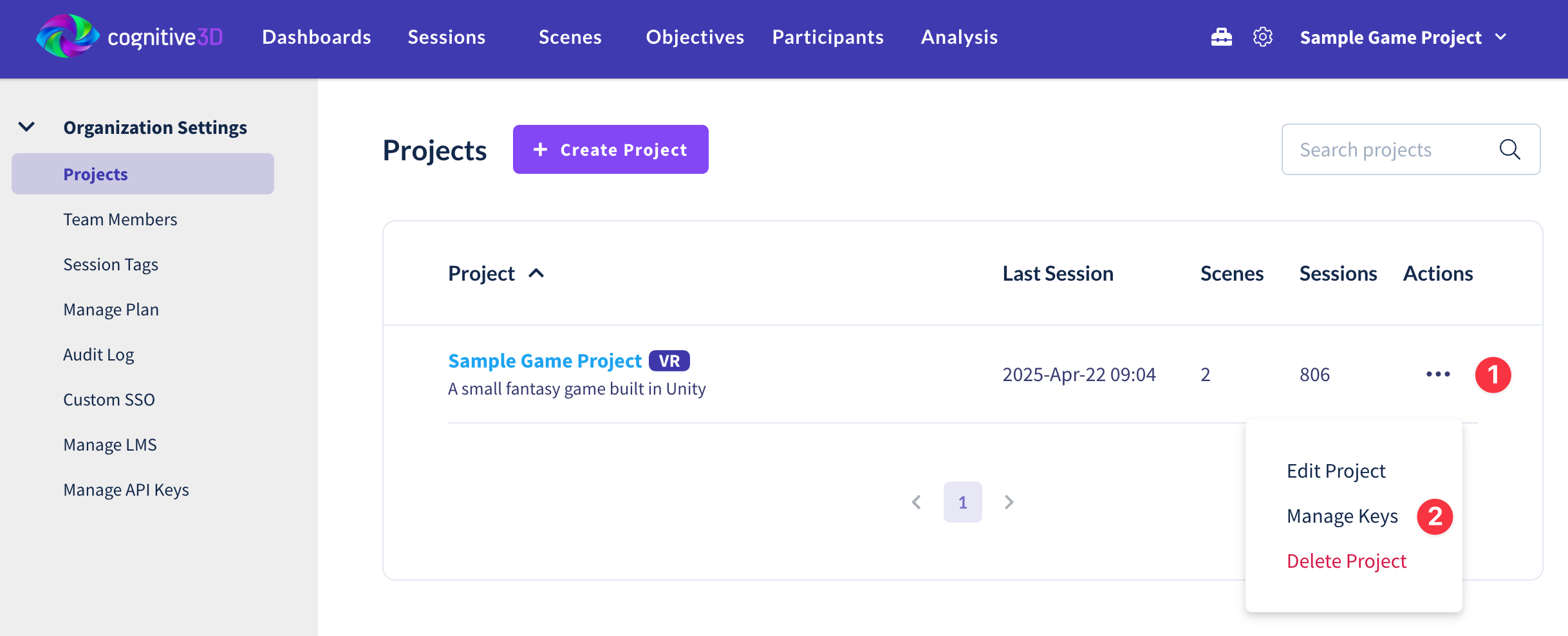 Project settings for managing keys
