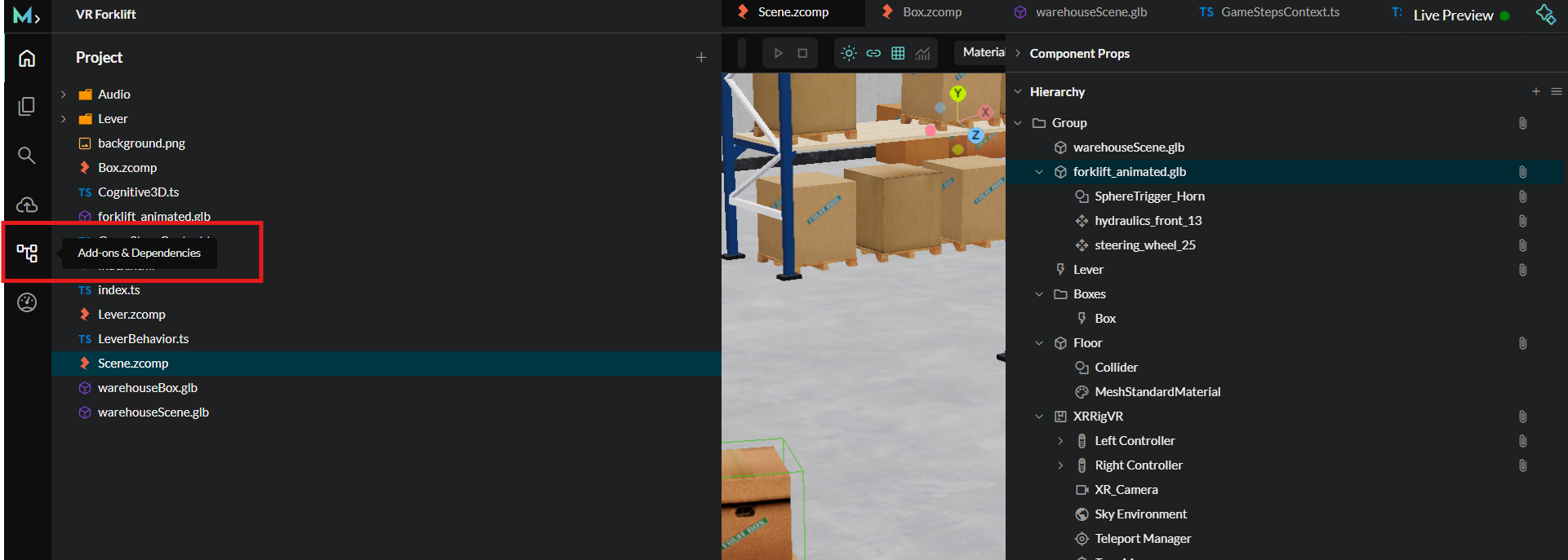 Add-ons and Dependencies button