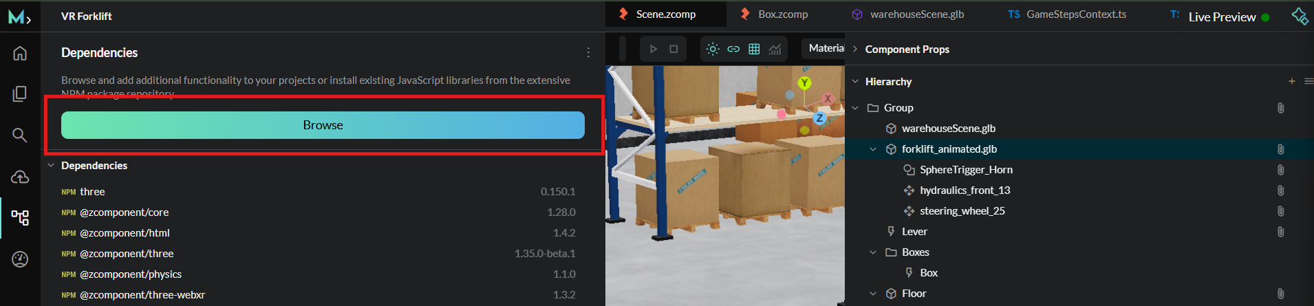 Browse button in Dependencies panel