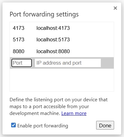 Port Forwarding Chrome Screenshot